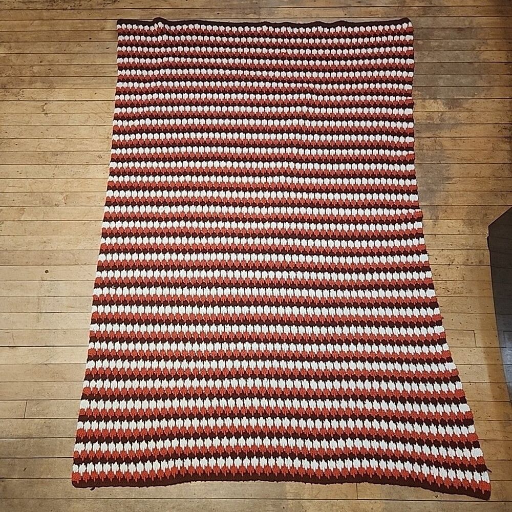 Afghan/Blanket Crocheted Rust-Brown-White  48”x74”Handmade Teardrop Pattern VTG